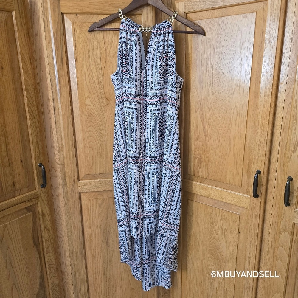 White House Black Market Gold Chain Halter Top Geometric High Low Blouse Size 6